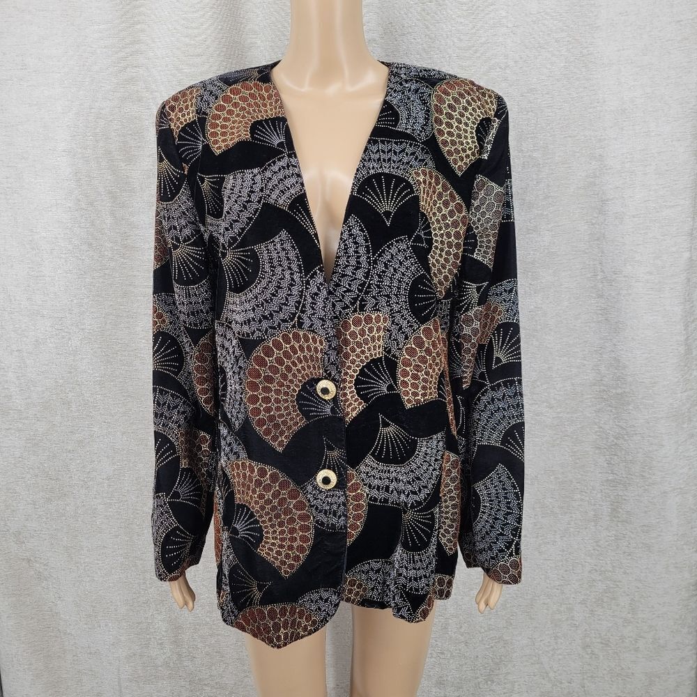 City Girl Vintage Black Velvet Fan Pattern Blazer Metallic Gold